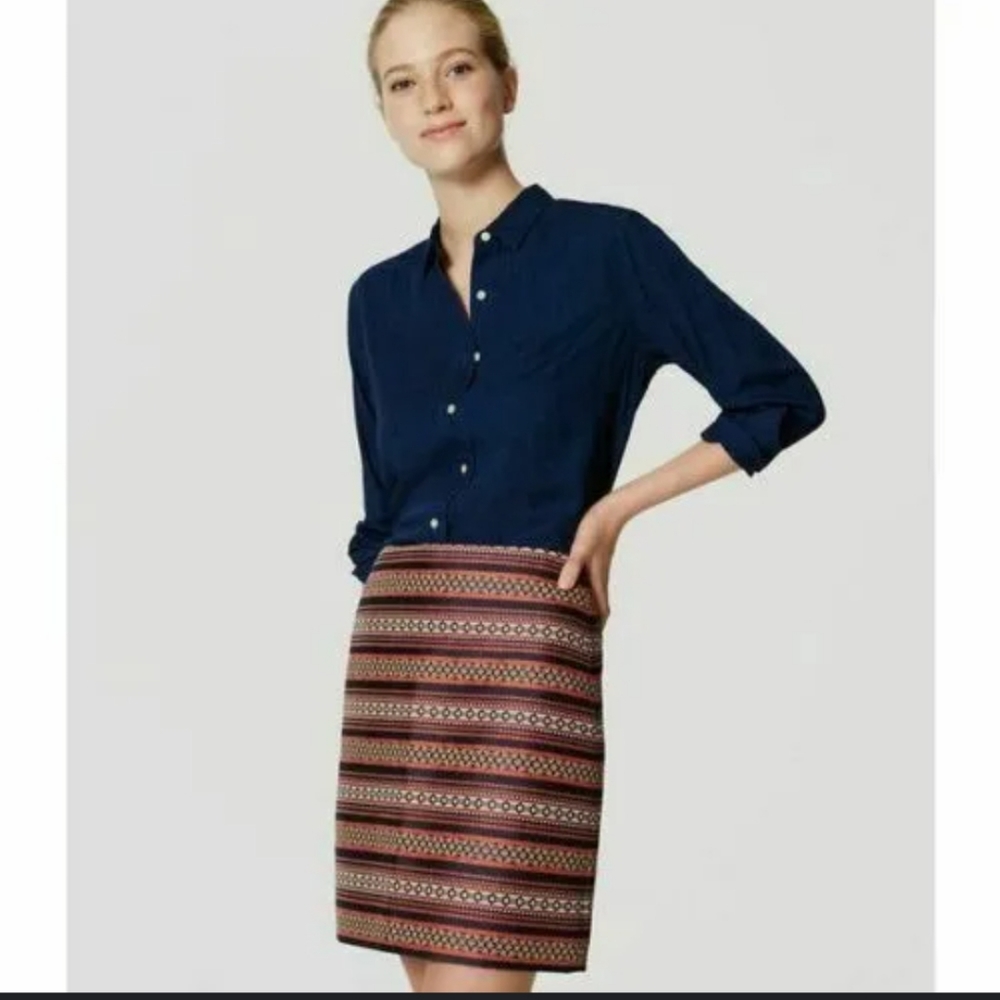 NWT Ann Taylor LOFT Navy Orange Red Striped Jacquard Skirt 10 A-line